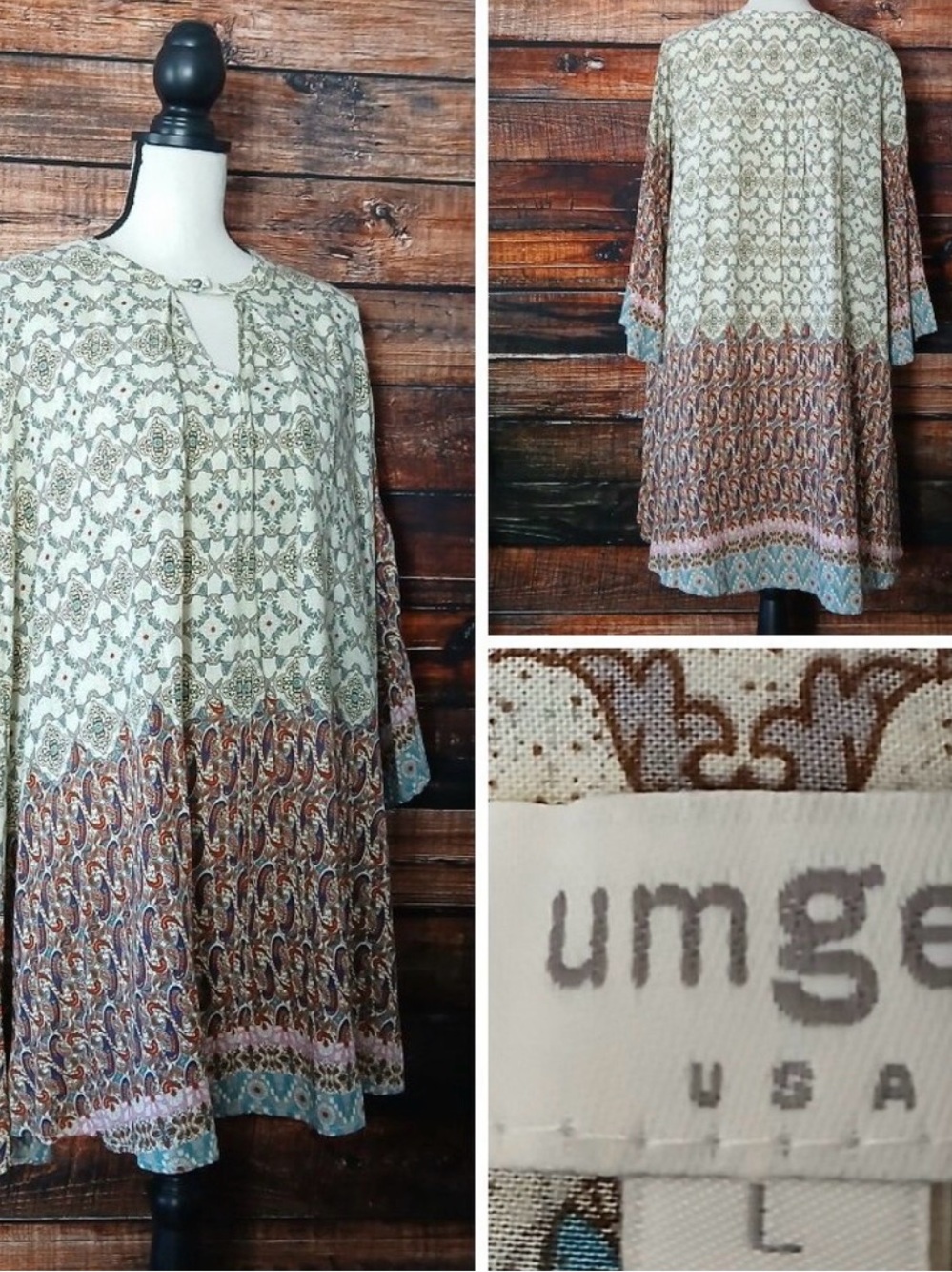 Umgee Tunic Top Size L Bohemian Flared 3/4 Sleeve Keyhole